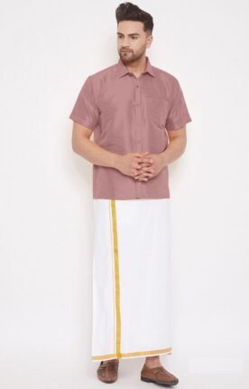 Shirt and Cotton Dhoti with Gold Border
