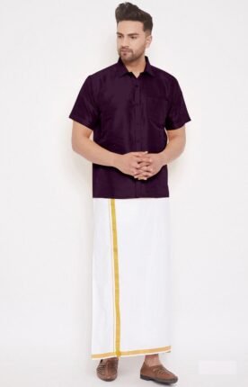Shirt and Cotton Dhoti with Gold Border