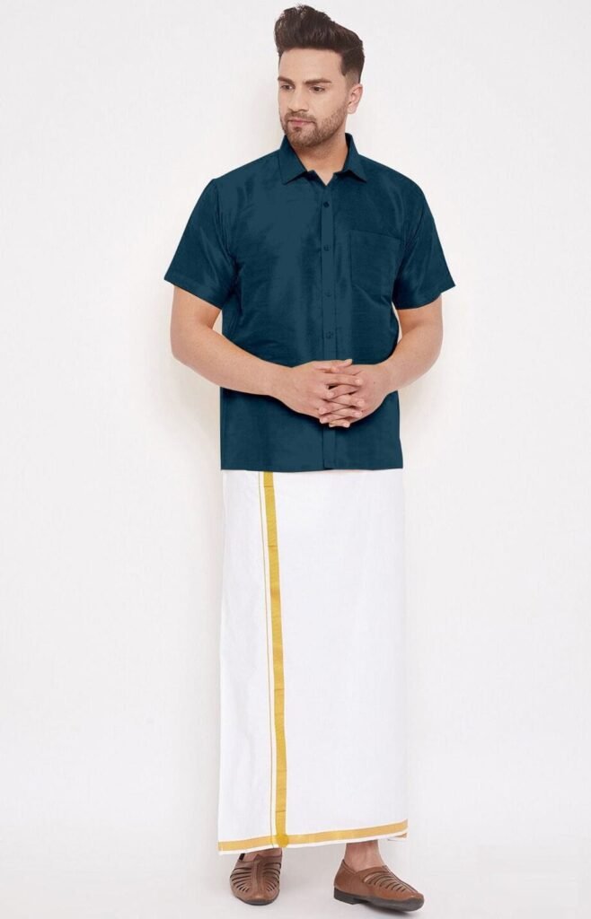 Shirt and Cotton Dhoti with Gold Border