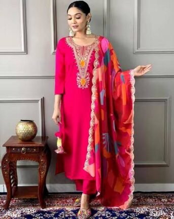 Roman Silk Ensemble Kurtis with Embroidery and Digital Print Dupatta