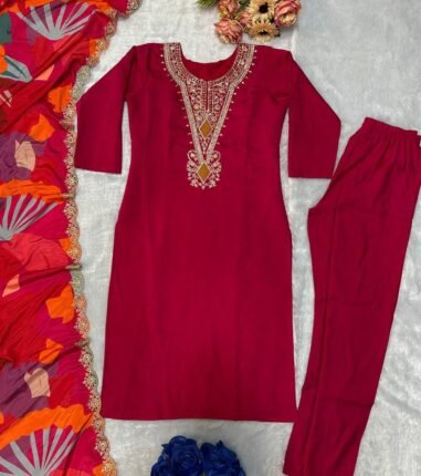 Roman Silk Ensemble Kurtis with Embroidery and Digital Print Dupatta