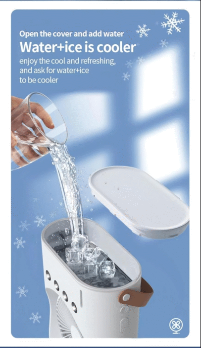 portable spray fan, double-ended misting fan, 3-hole cooling fan, USB air cooler, humidifying fan with lamp, desk misting fan, mini air humidifier fan, personal cooling fan, table fan for home office, compact USB fan