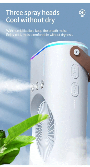 portable spray fan, double-ended misting fan, 3-hole cooling fan, USB air cooler, humidifying fan with lamp, desk misting fan, mini air humidifier fan, personal cooling fan, table fan for home office, compact USB fan