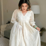 Chanderi Silk Anarkali Gown, paired with a **Cotton Pant* and a beautifully crafted *Chanderi Dupatta