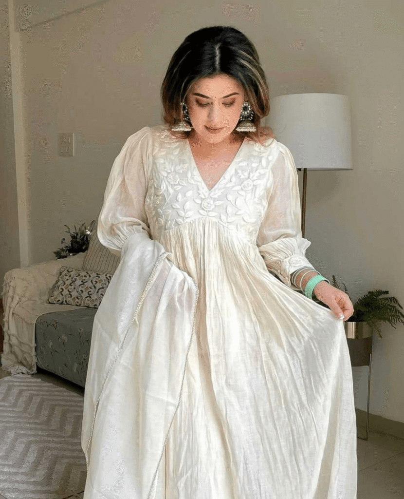 Chanderi Silk Anarkali Gown, paired with a **Cotton Pant* and a beautifully crafted *Chanderi Dupatta