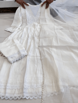 Chanderi Silk Anarkali Gown, paired with a **Cotton Pant* and a beautifully crafted *Chanderi Dupatta