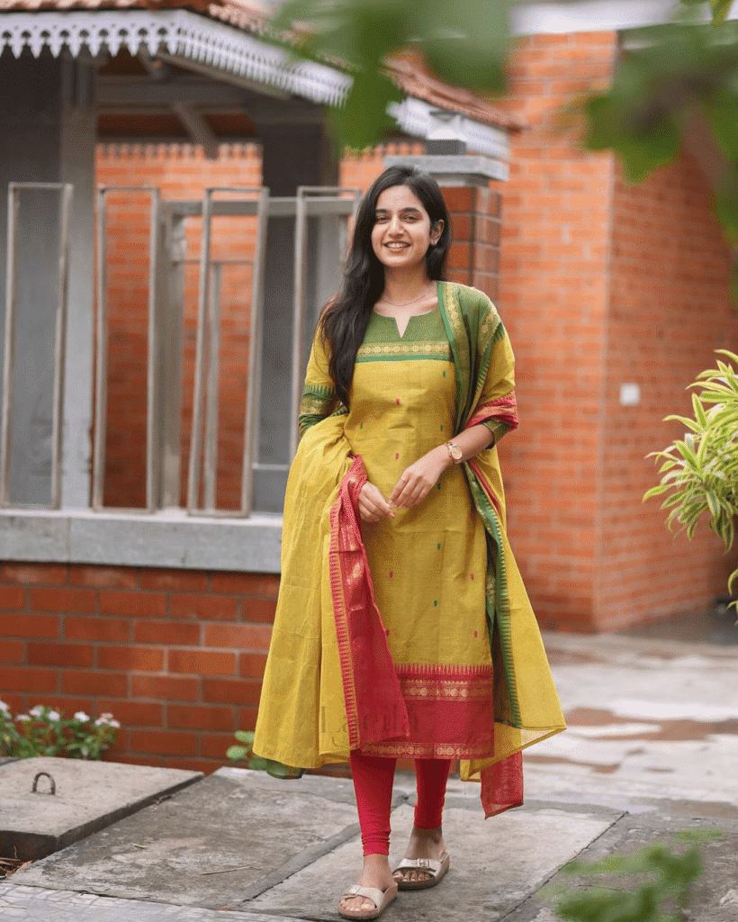Kanchi cotton suit set, jacquard weaving cotton dress, ethnic suit for women, hand zari work suit, south Indian traditional wear, cotton top pant dupatta set, Kanchi design suit, cultural print salwar set, festive Indian wear for women