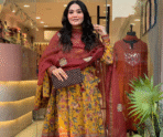 Shop the Anarkali Kurta Set – a stylish women's printed cotton kurta with pants and dupatta. Perfect for casual and festive occasions, offering comfort and elegance.