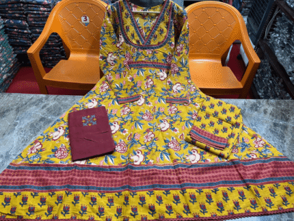 Shop the Anarkali Kurta Set – a stylish women's printed cotton kurta with pants and dupatta. Perfect for casual and festive occasions, offering comfort and elegance.