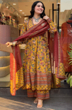 Shop the Anarkali Kurta Set – a stylish women's printed cotton kurta with pants and dupatta. Perfect for casual and festive occasions, offering comfort and elegance.