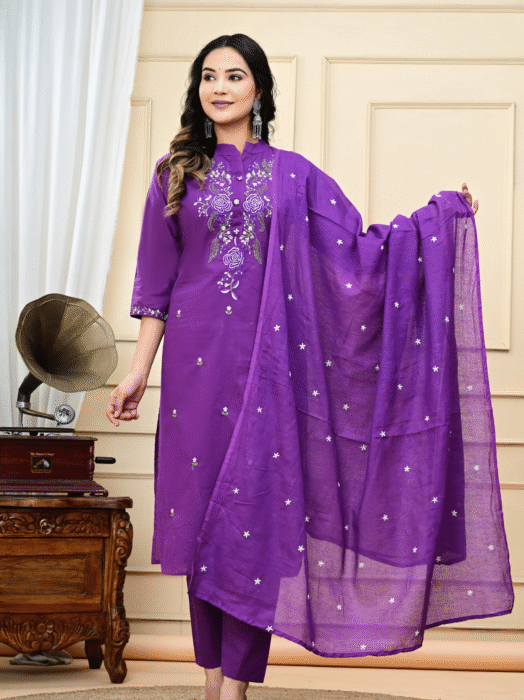 pure cotton suit set, embroidered cotton suit, cotton pant with dupatta set, malmal dupatta suit, festive wear cotton suit, everyday ethnic wear, breathable cotton kurta set, super dye embroidery suit, stylish women's ethnic set, soft cotton suit for women