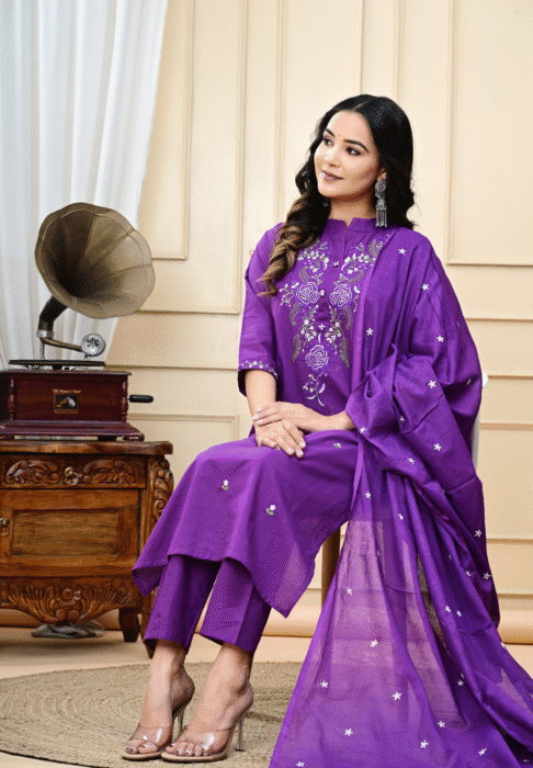 pure cotton suit set, embroidered cotton suit, cotton pant with dupatta set, malmal dupatta suit, festive wear cotton suit, everyday ethnic wear, breathable cotton kurta set, super dye embroidery suit, stylish women's ethnic set, soft cotton suit for women
