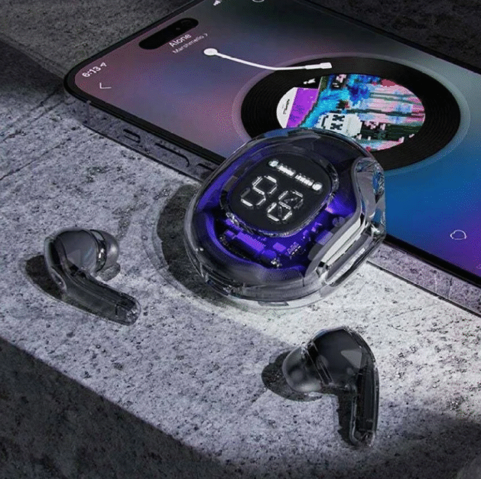 Buy Ultrapods Pro True Wireless Earbuds with transparent design, Bluetooth 5.3, waterproof build, and LED battery display. Perfect for sports, music, and travel.