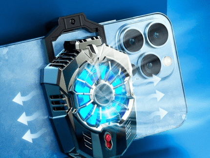 High-performance mobile phone cooling fan with futuristic LED blue lighting, designed for gaming phones and heat dissipation