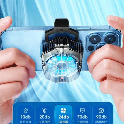 High-performance mobile phone cooling fan with futuristic LED blue lighting, designed for gaming phones and heat dissipation