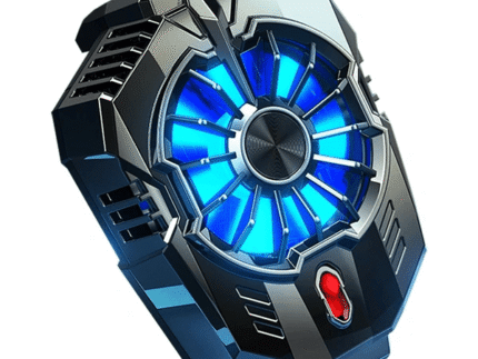 High-performance mobile phone cooling fan with futuristic LED blue lighting, designed for gaming phones and heat dissipation