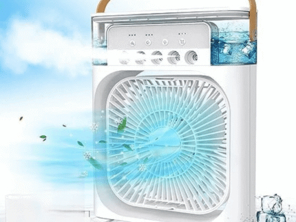 mini air conditioner, portable cooling fan, USB desk fan, personal air cooler, evaporative cooler fan, LED night light fan, mini AC for office, home air cooler, water spray cooling fan, small fan for desk