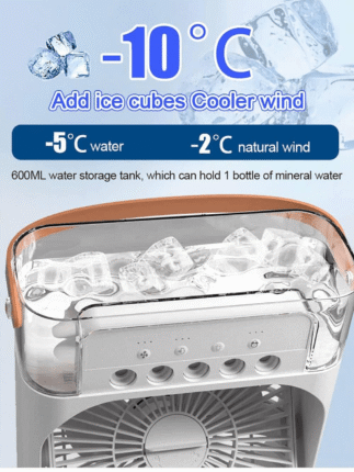 mini air conditioner, portable cooling fan, USB desk fan, personal air cooler, evaporative cooler fan, LED night light fan, mini AC for office, home air cooler, water spray cooling fan, small fan for desk