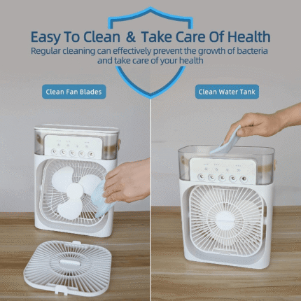 mini air conditioner, portable cooling fan, USB desk fan, personal air cooler, evaporative cooler fan, LED night light fan, mini AC for office, home air cooler, water spray cooling fan, small fan for desk
