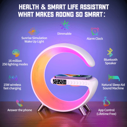 Modern 3-in-1 wireless charging lamp with RGB night light and built-in Bluetooth speaker, holding a smartphone on top
