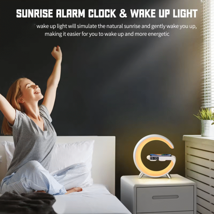 Modern 3-in-1 wireless charging lamp with RGB night light and built-in Bluetooth speaker, holding a smartphone on top