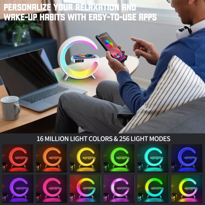 Modern 3-in-1 wireless charging lamp with RGB night light and built-in Bluetooth speaker, holding a smartphone on top