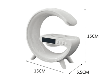 Modern 3-in-1 wireless charging lamp with RGB night light and built-in Bluetooth speaker, holding a smartphone on top