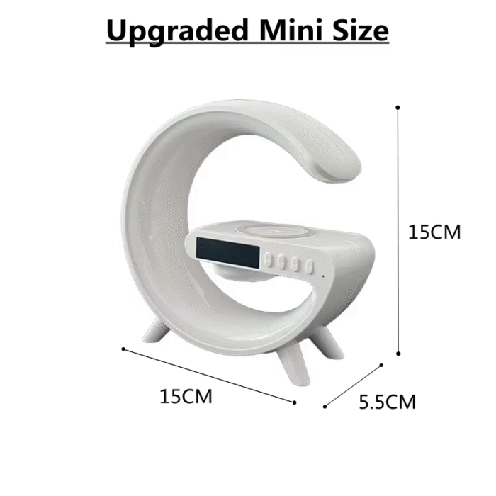 Modern 3-in-1 wireless charging lamp with RGB night light and built-in Bluetooth speaker, holding a smartphone on top