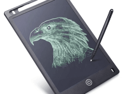 LCD writing tablet with stylus for kids and adults, featuring a green digital sketch of an eagle on a black screen, ideal for drawing, note-taking, and learning