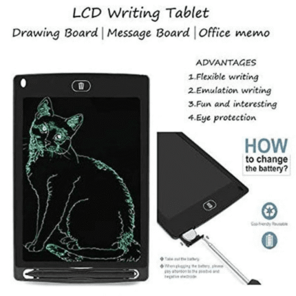 LCD writing tablet with stylus for kids and adults, featuring a green digital sketch of an eagle on a black screen, ideal for drawing, note-taking, and learning