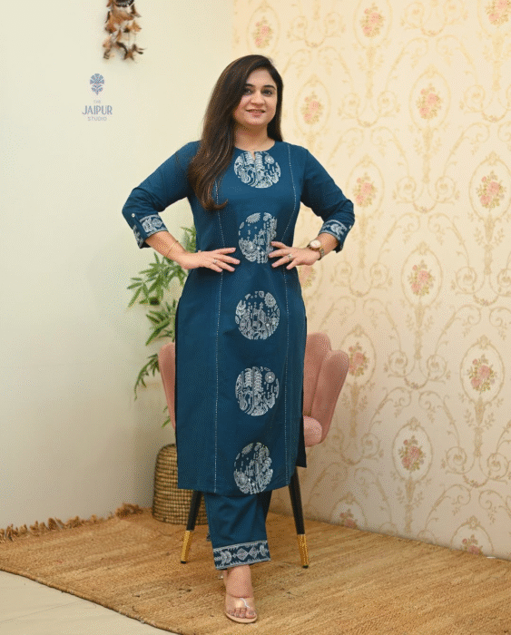 Explore this stylish women's kurta with delicate embroidery and a convenient side pocket. Perfect for daily wear, festive, and office occasions.