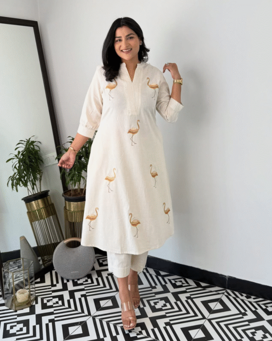 cotton slub kurta for women, embroidered kurta, sawn embroidery kurti, breathable ethnic wear, soft cotton kurta, casual office kurta, summer kurta for ladies, traditional Indian wear, women's ethnic fashion, daily wear kurti