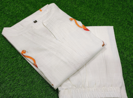 cotton slub kurta for women, embroidered kurta, sawn embroidery kurti, breathable ethnic wear, soft cotton kurta, casual office kurta, summer kurta for ladies, traditional Indian wear, women's ethnic fashion, daily wear kurti