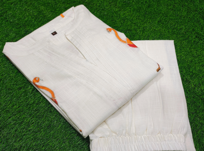 cotton slub kurta for women, embroidered kurta, sawn embroidery kurti, breathable ethnic wear, soft cotton kurta, casual office kurta, summer kurta for ladies, traditional Indian wear, women's ethnic fashion, daily wear kurti