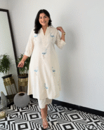 cotton slub kurta for women, embroidered kurta, sawn embroidery kurti, breathable ethnic wear, soft cotton kurta, casual office kurta, summer kurta for ladies, traditional Indian wear, women's ethnic fashion, daily wear kurti