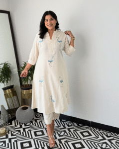 cotton slub kurta for women, embroidered kurta, sawn embroidery kurti, breathable ethnic wear, soft cotton kurta, casual office kurta, summer kurta for ladies, traditional Indian wear, women's ethnic fashion, daily wear kurti