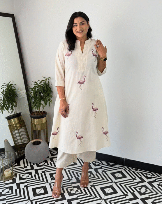 cotton slub kurta for women, embroidered kurta, sawn embroidery kurti, breathable ethnic wear, soft cotton kurta, casual office kurta, summer kurta for ladies, traditional Indian wear, women's ethnic fashion, daily wear kurti
