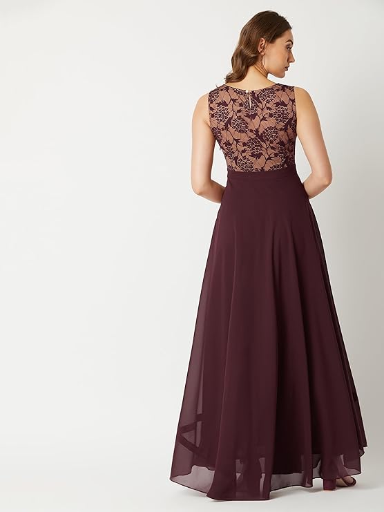Women's Brick Red & Dusty Green Boat Neck Sleeveless Self Design Lace Overlaid Regular Dress-fashion online on welzone