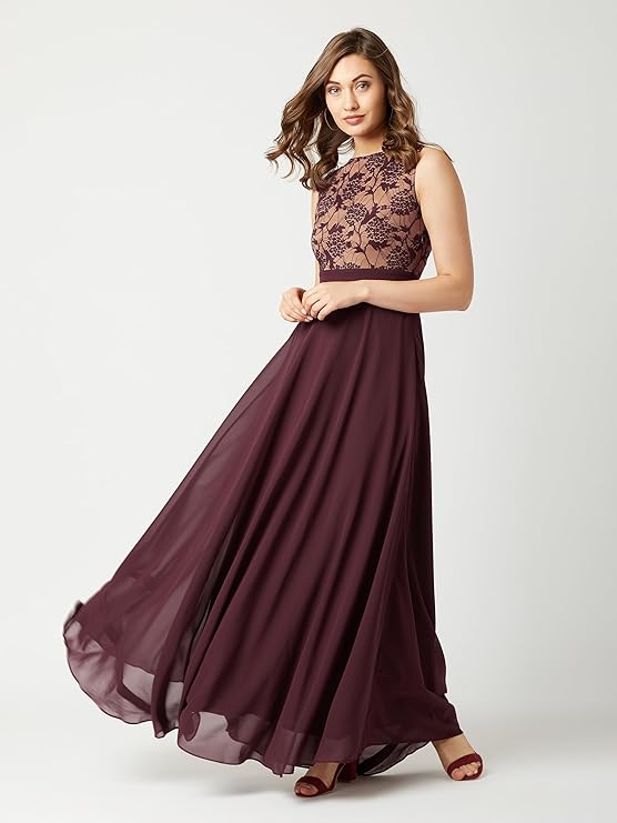 Women's Brick Red & Dusty Green Boat Neck Sleeveless Self Design Lace Overlaid Regular Dress- fashion online on welzone