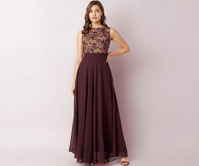 Women's Brick Red & Dusty Green Boat Neck Sleeveless Self Design Lace Overlaid Regular Dress- fashion online on welzone