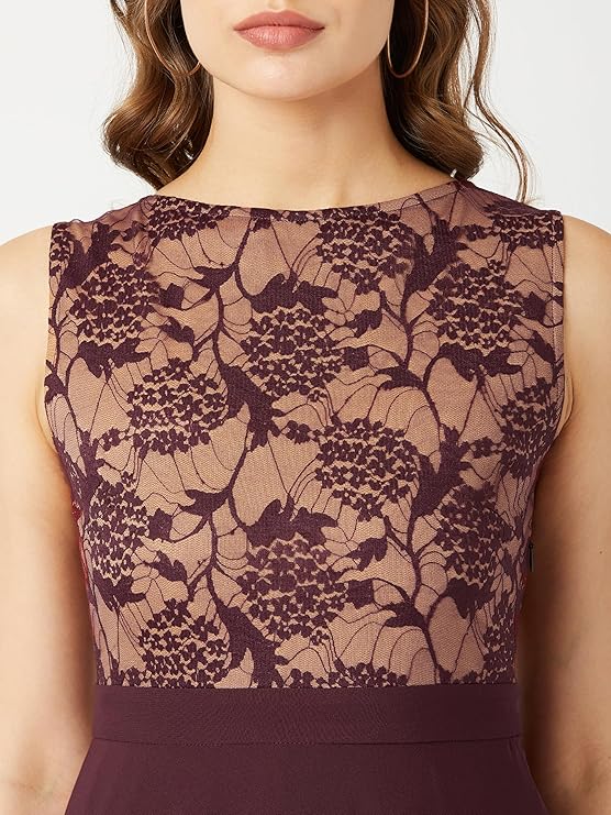 Women's Brick Red & Dusty Green Boat Neck Sleeveless Self Design Lace Overlaid Regular Dress- fashion online on welzone